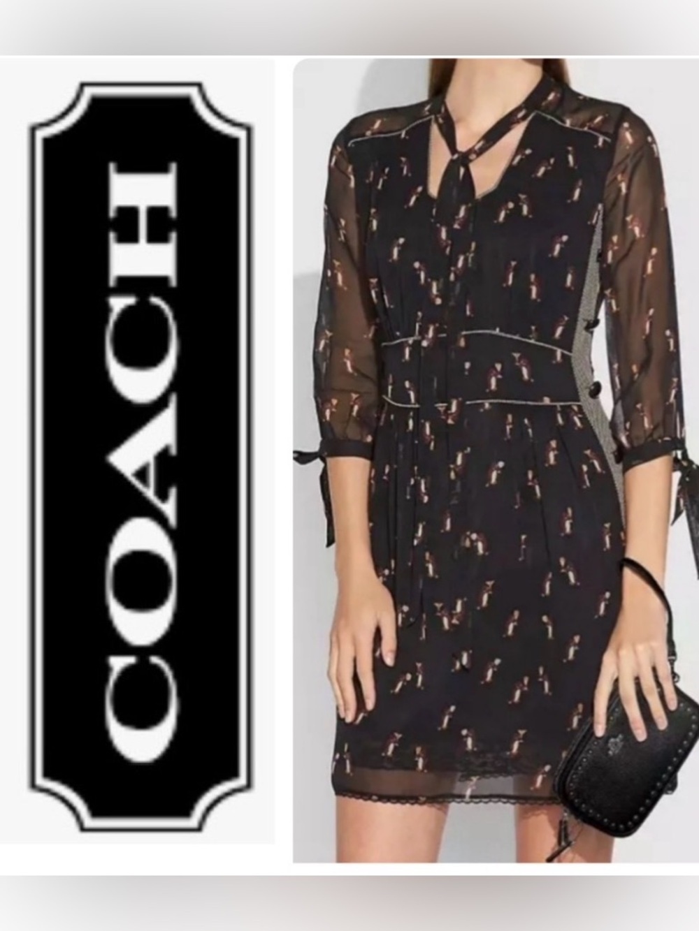 Coach Penguin Print Tie-Neck Dress - size 0- NWOT